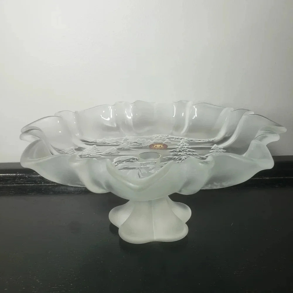 Original Waltherglas Frosted/Clear Glass Plate on Pedestal Winter Christmas.